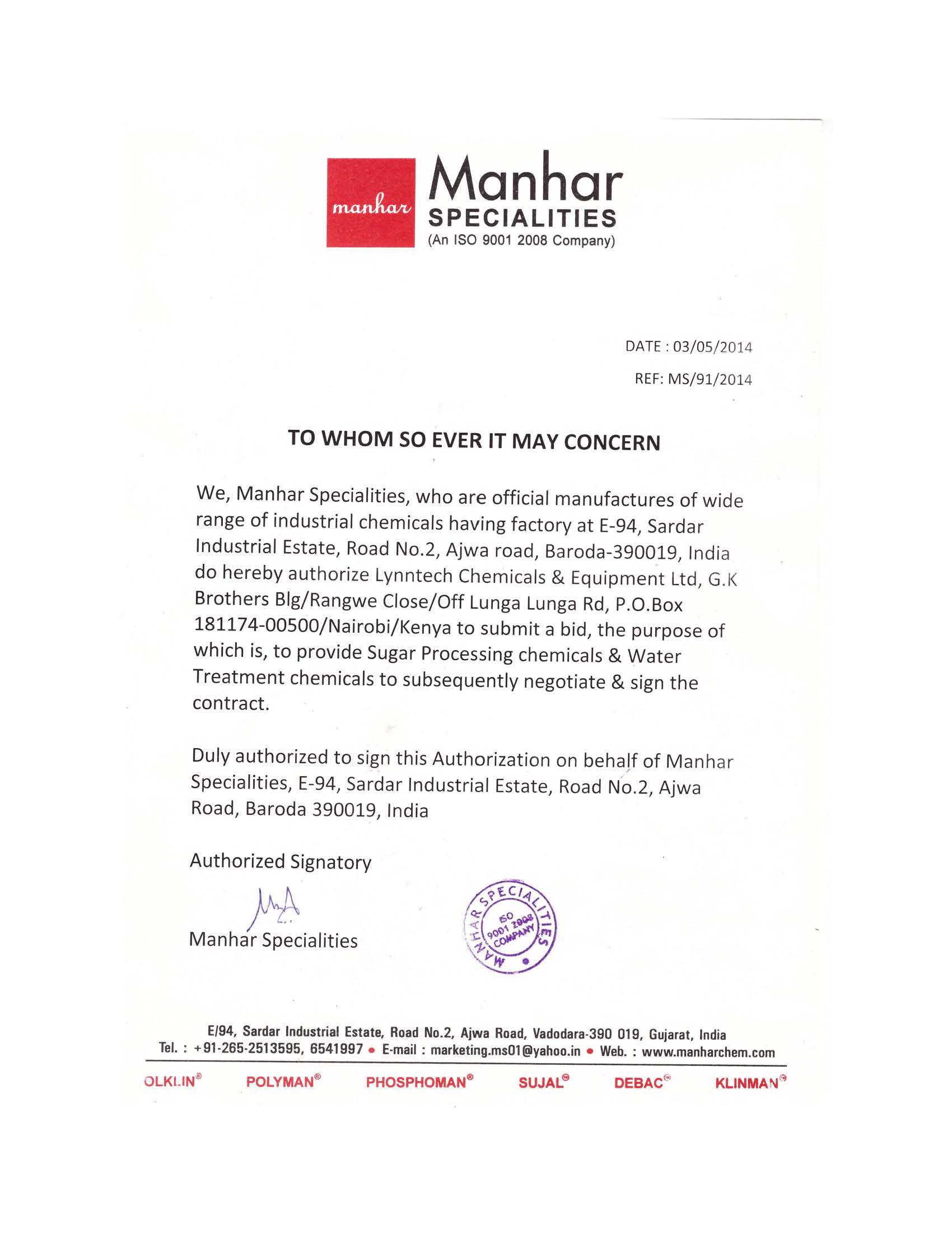 MANHAR AUTHORIZATION LETTER